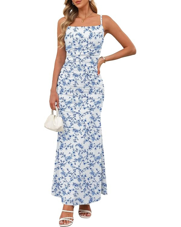 Women Sleeveless Spaghetti Strap Floral Maxi Dress Ruched Bodycon Beach Wedding Guest Backless Lo... | Amazon (US)