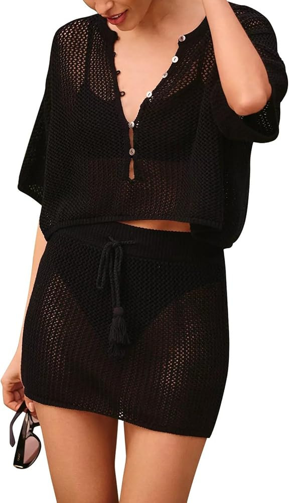 Sovoyontee Women's 2 Piece Swimsuit Coverup Crochet Hollow Out Bathing Suit Swim Beach Cover Up C... | Amazon (US)