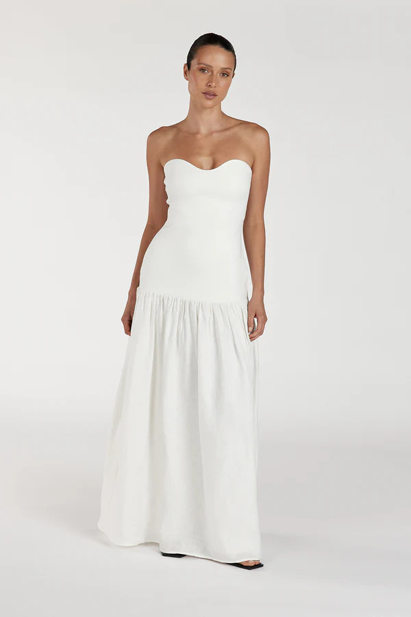 ELLISON WHITE STRAPLESS MIDI DRESS | DISSH