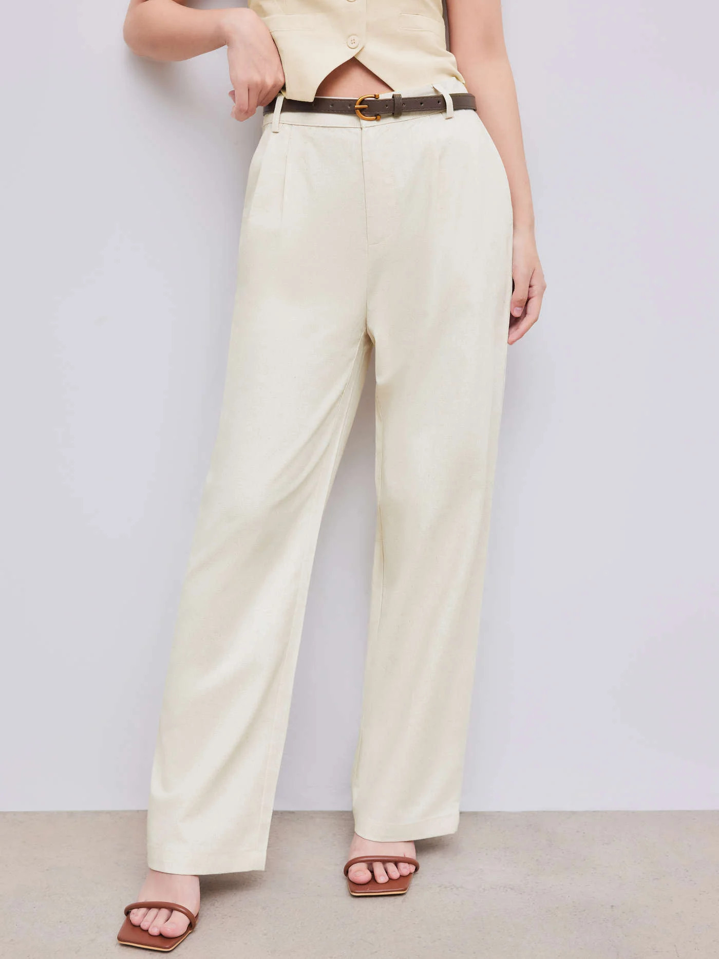 Linen-Blend Solid Wide Leg Pants With Belt | Cider