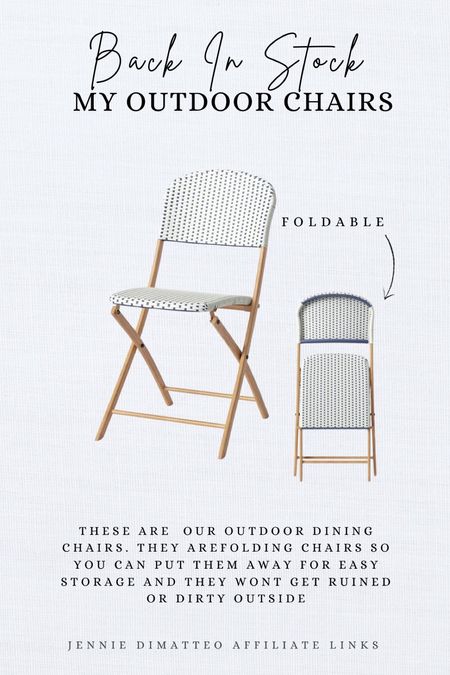The chairs that I use for dining outside are back in stock! They are perfect because they fold up so it’s easy storage and they won’t get ruined from being outside all the time! 
Folding Chairs. Chairs. Outdoor Chairs. 

#LTKhome #LTKfamily #LTKfindsunder100