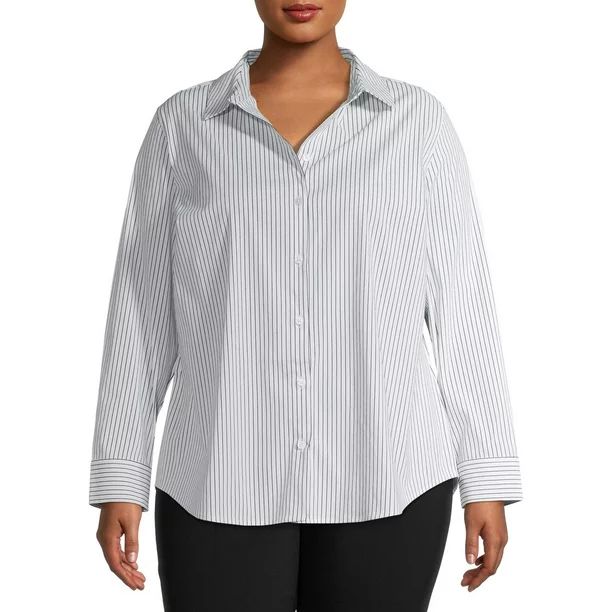 Time and Tru Women's Plus Size Everyday Essential Button-Front Career Shirt - Walmart.com | Walmart (US)