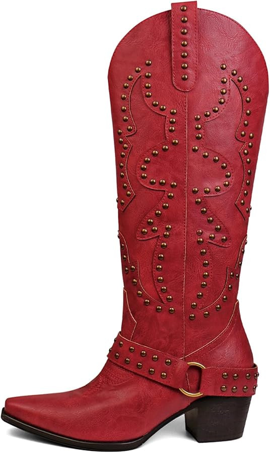 Women's Cowboy Boots Cowgirl Knee High Boots Wide Calf Western Boots Pointed Toe Studded Fashion ... | Amazon (US)