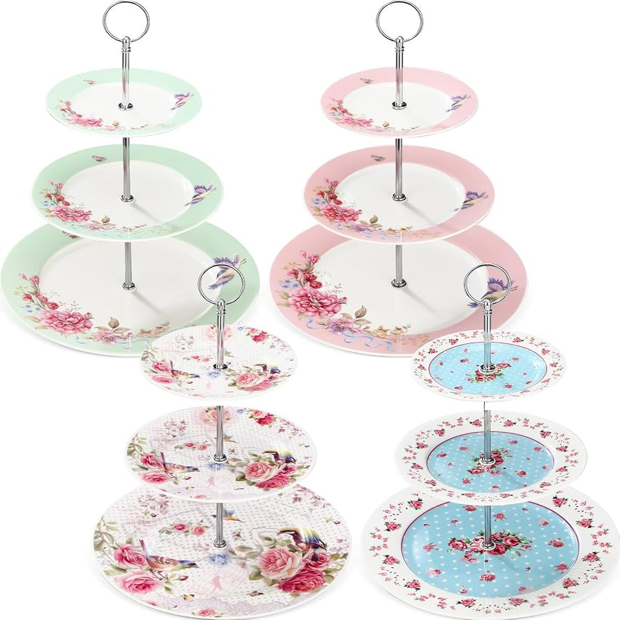 Dandat 4 Pcs 3 Tier Ceramic Cake Stand Floral Cupcake Display Round Porcelain Cupcake Dessert Tow... | Amazon (US)