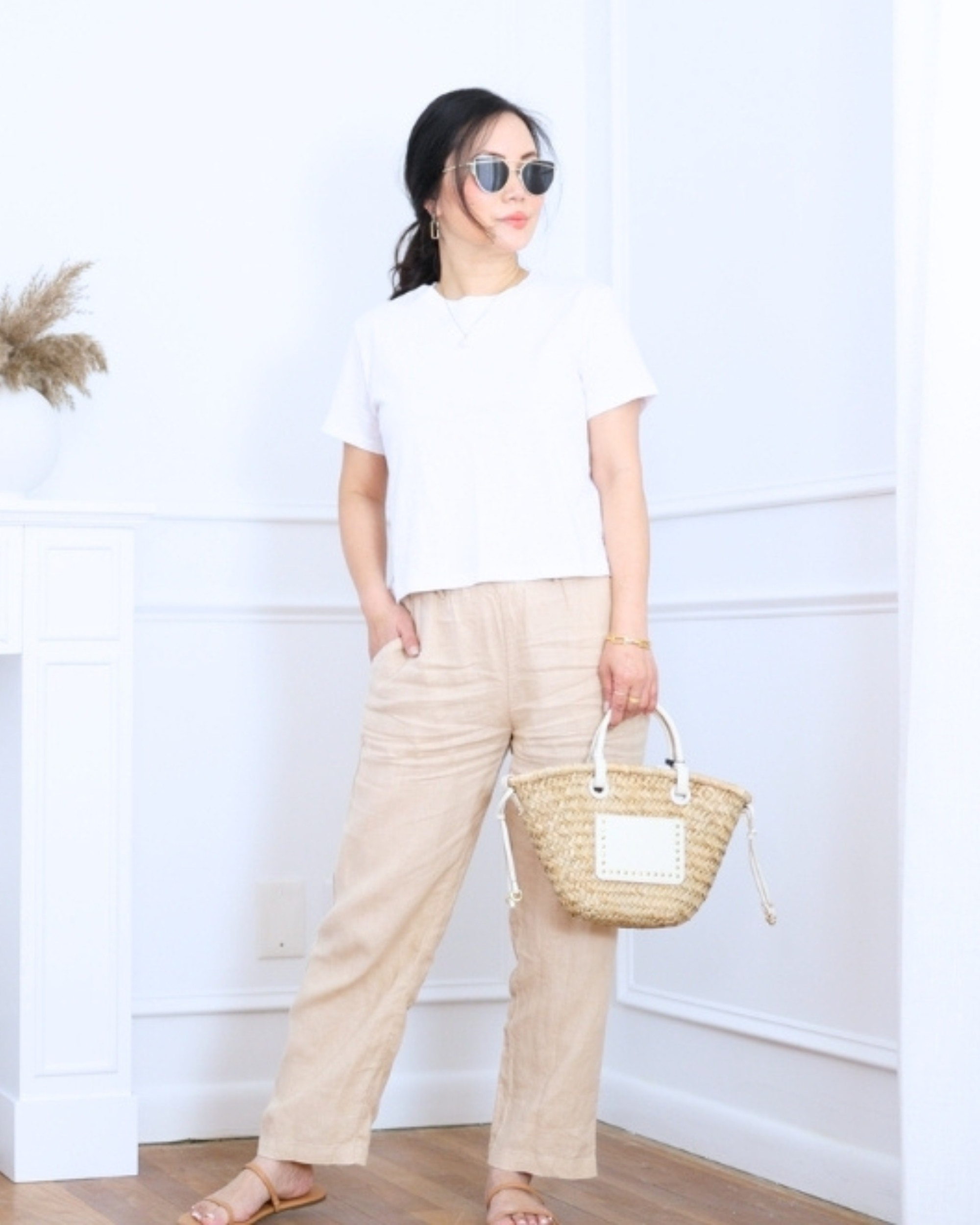 White cropped tee from Madewell paired with linen pants from Quince — simple, breathable, and effortlessly cool for warm everyday wear. I'm 5'2, wearing size S. 

 #LTKootd #LTKOver40 #LTKPetite