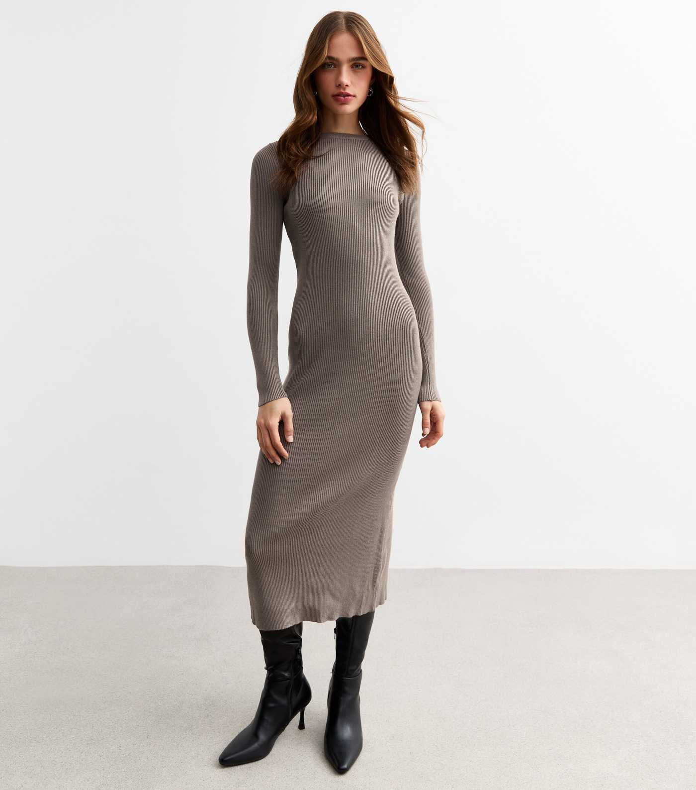 Mink Crew Neck Rib Knit Midi Dress | New Look | New Look (UK)
