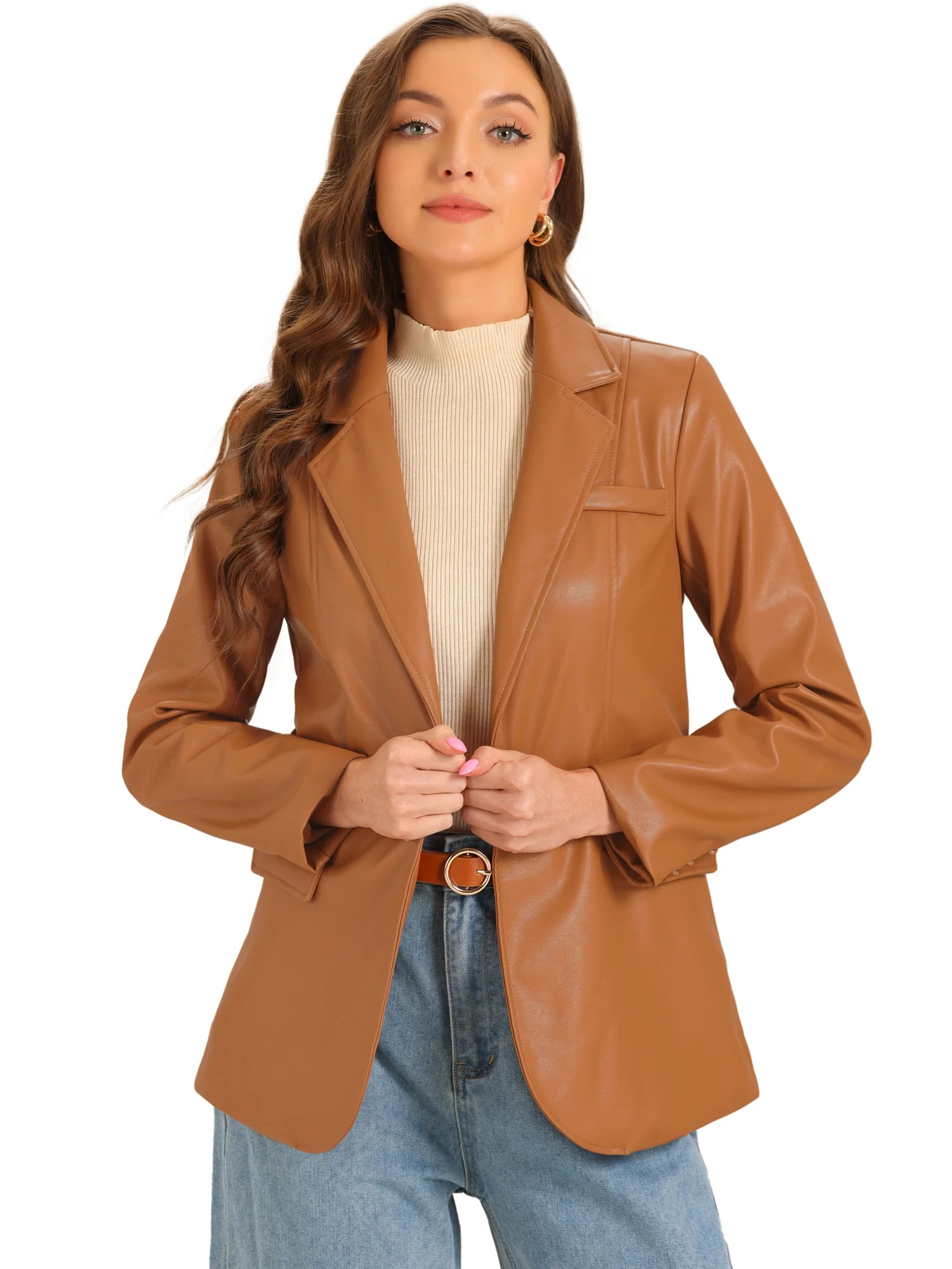 DARING DIVA Women's Lapel Collar Oversized Faux Leather Blazer M Caramel | Walmart (US)