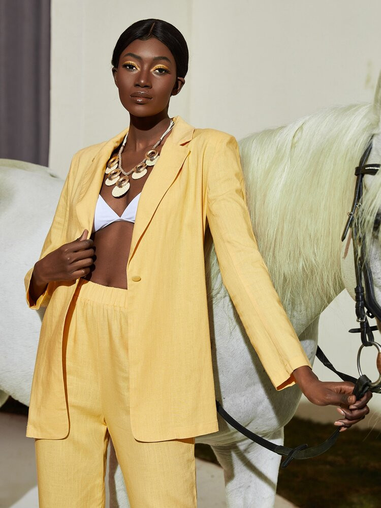 SHEIN Notched Collar Single Button Blazer And Pants Set | SHEIN