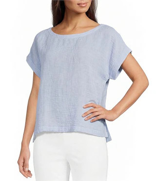 Puckered Organic Linen Stripe Ballet Neck Cap Sleeve Square Top | Dillard's