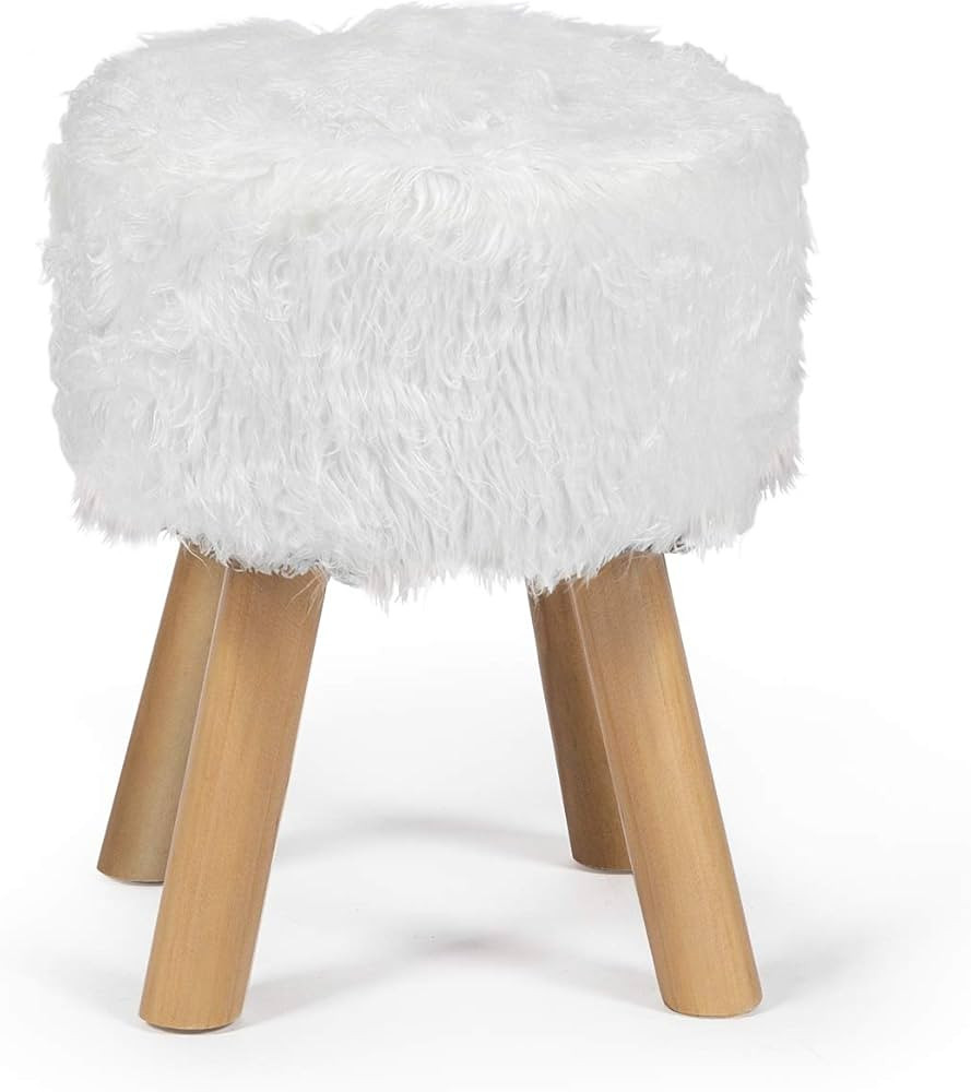 Edeco 12.2" Footrest Small Ottoman Faux Fur Furry Round Stool with Wood Legs, White | Amazon (US)
