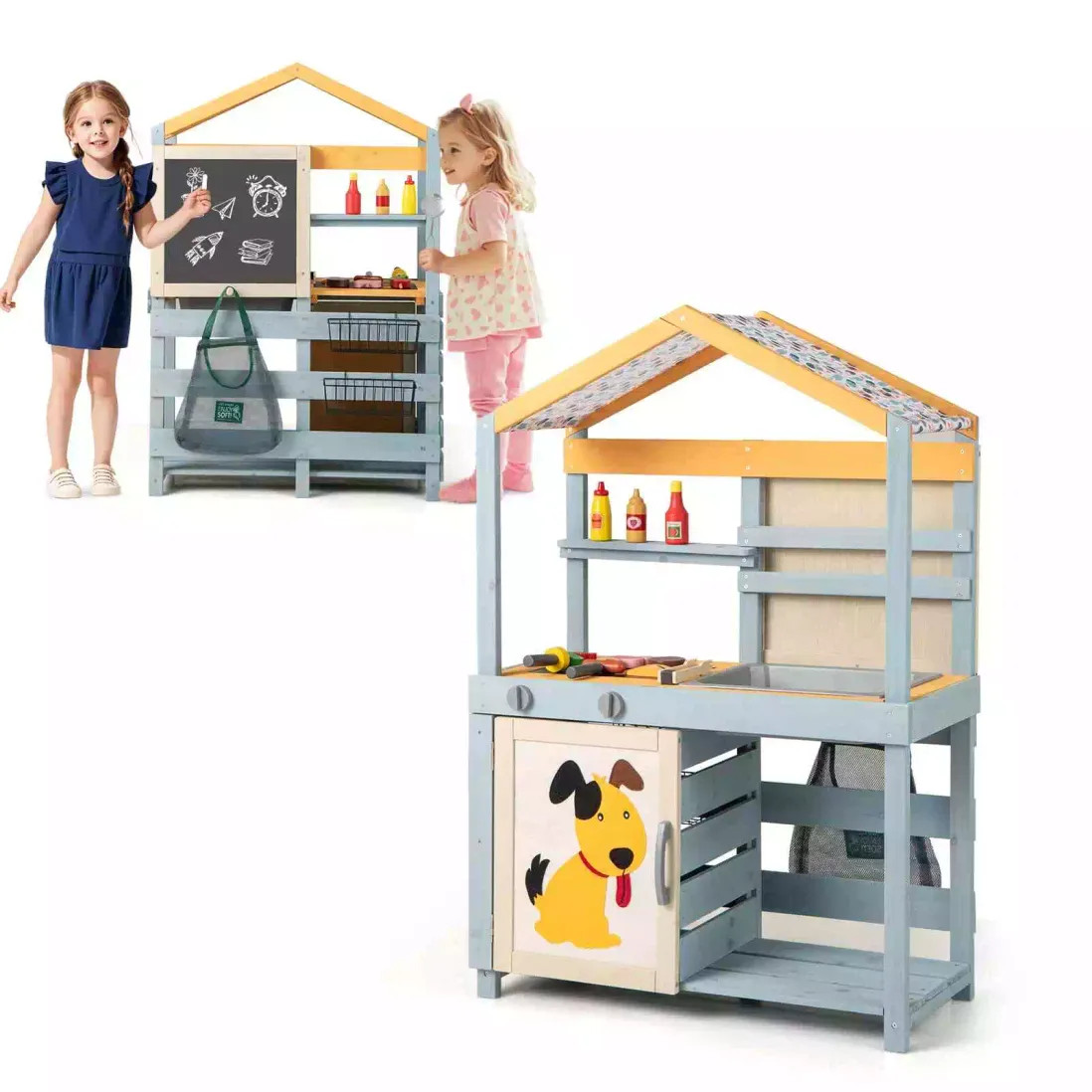 Playsets | 2 in 1 Wooden Mud Kitchen Outdoor Play Kitchen & Grocery Store | Costway | Debenhams UK