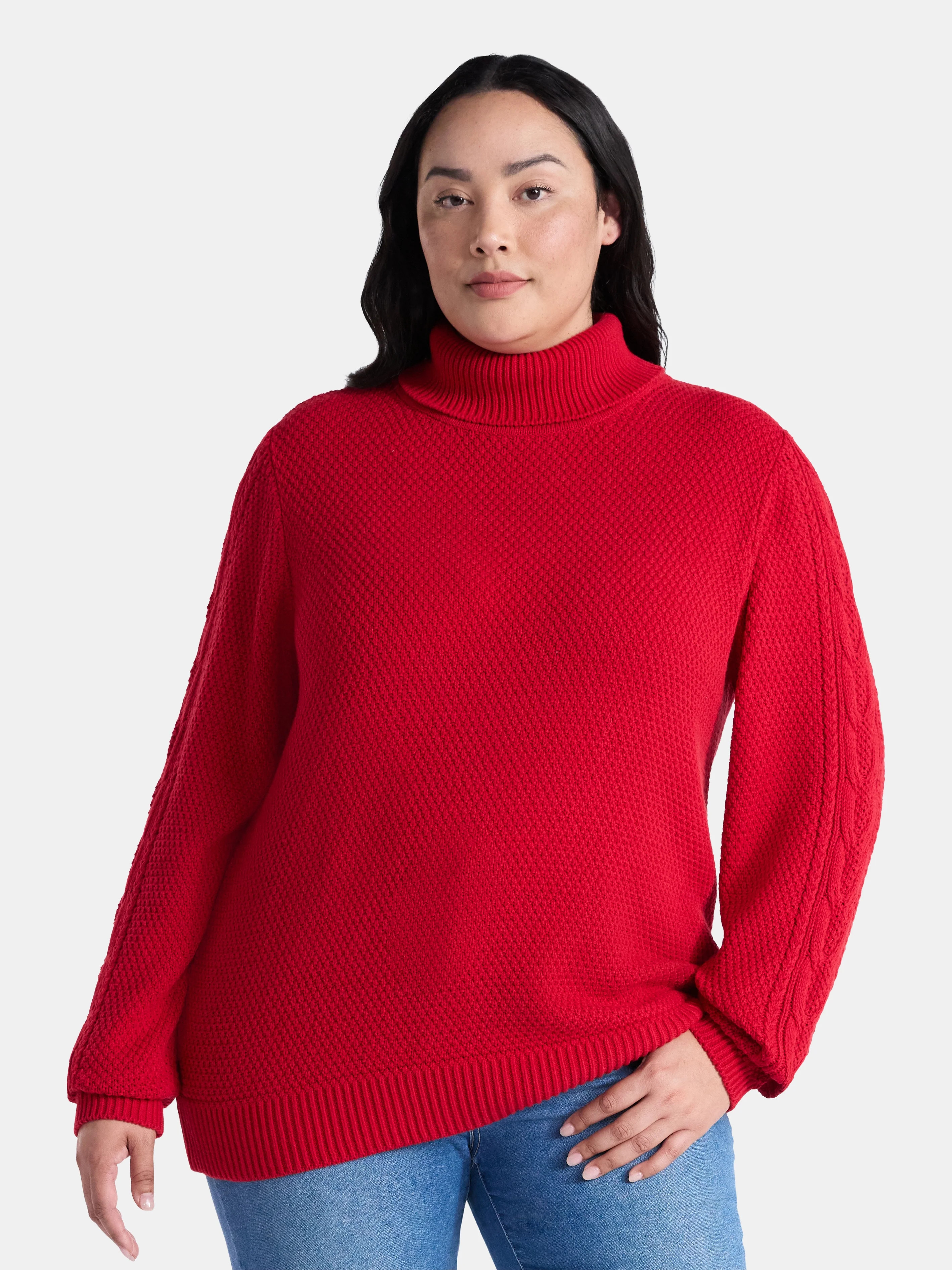 Time and Tru Women’s and Women’s Plus Turtleneck Sweater with Cable Sleeves, Midweight, Sizes... | Walmart (US)