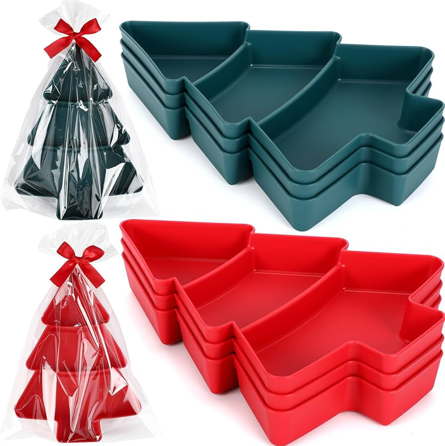 6 Pcs Christmas Tree Shape Serving Tray Platter, 10 x 7.2 x 1.18 in Red and Green Plastic 3 Grids... | Amazon (US)