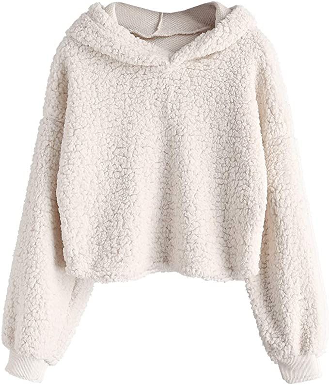 ZAFUL Women's Long Sleeve Hoodie Faux Fur Solid Color Crop Pullover Sweatshirt Tops | Amazon (US)