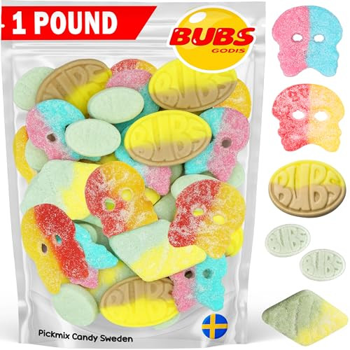 Bubs Swedish Candy Mix 1 POUND Sweet & Sour Assorted Swedish Candy Mix Ovals, Skulls, Rombs & Pears Foam Candy, Dizzy Skulls, Banana Bubs, Foam Rombs Tutti Frutti, Cool Fruity Pear Mini, Sour Skulls | Amazon (US)