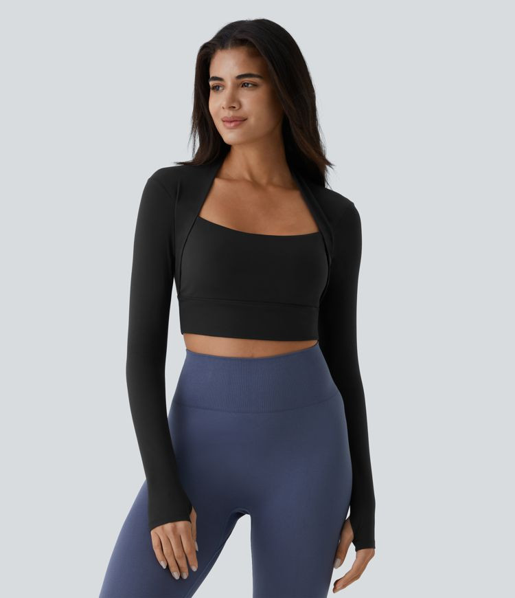 Women’s SoftlyZero™ Plush Long Sleeve Thumb Hole 2-in-1 Cropped Yoga Sports Top - Halara | HALARA