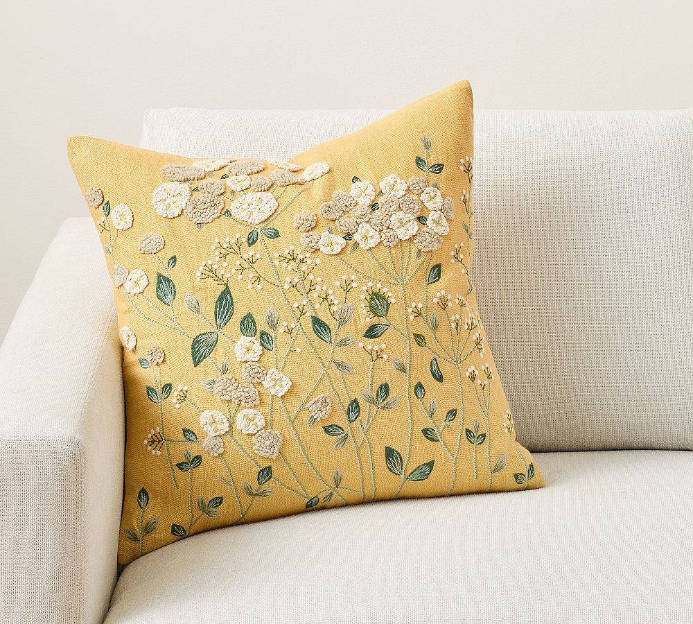 Bouquet Floral Embroidered Pillow Cover, 20"" x 20"", Gold Multi | Pottery Barn (US)