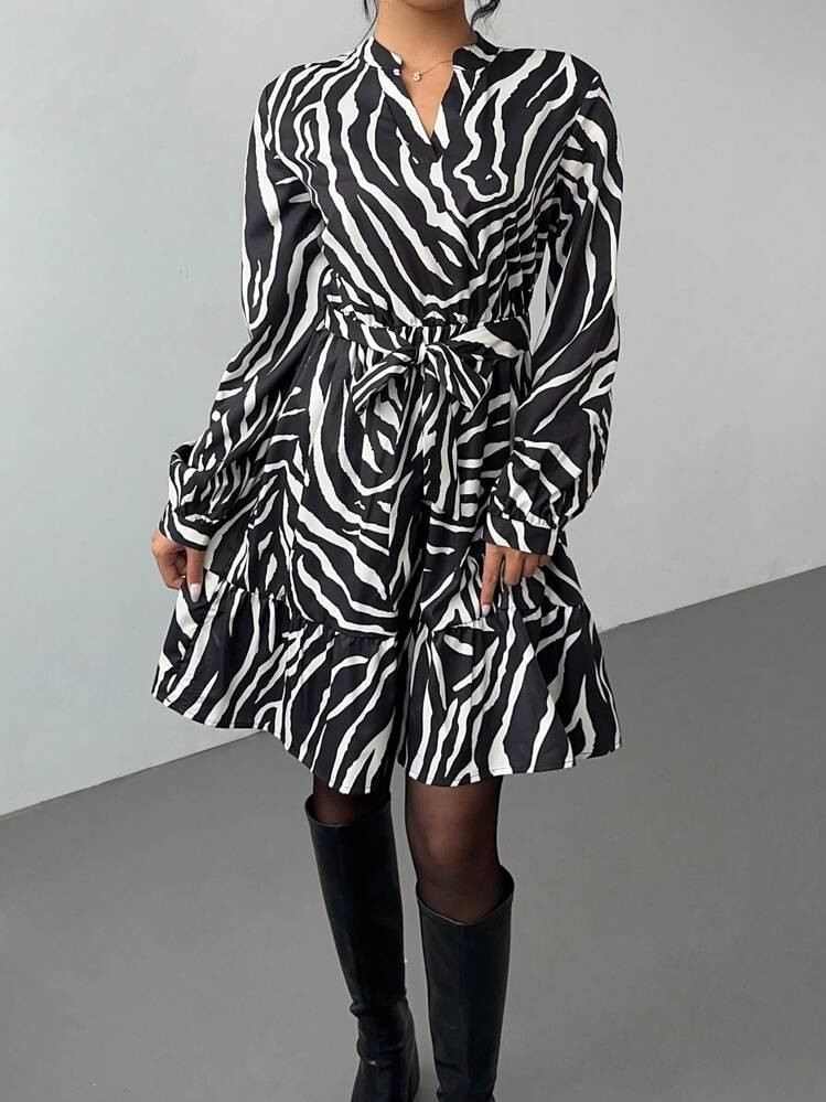 SHEIN Essnce Women's V-Neck Ruffle Hem Zebra Print Dress With Belt, Animal Print Pattern Short Mi... | SHEIN