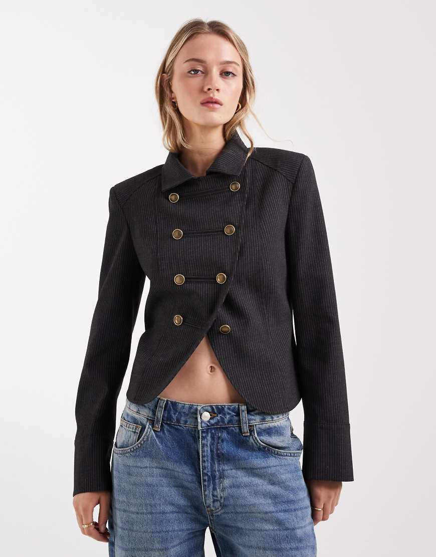 ASOS DESIGN shrunken drummer style jacket in brown pinstripe | ASOS (Global)