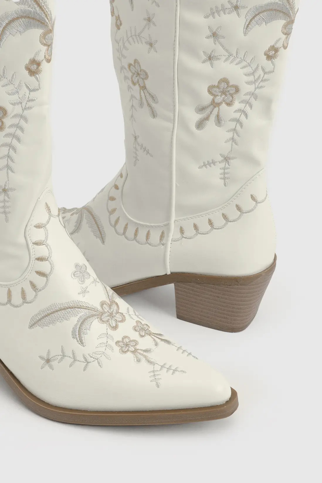 White Embroidered Detail Calf High Western Boots | Boohoo | Boohoo.com (UK & IE)