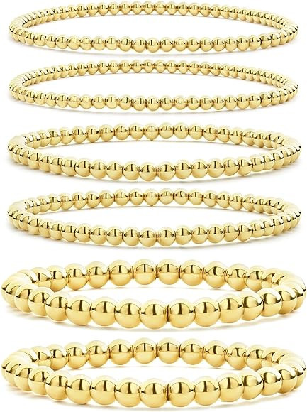 CONRAN KREMIX Gold Beaded Bracelet For Women Set 14K Gold Bead Stretch Bracelet Stack Trendy Gold... | Amazon (US)