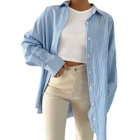 Sexy Dance Women Long Sleeve Button Down Shirts with Pocket Vintage Plain Striped Tops Work V-Neck Tunic Shirt Lapel Collar Blouse Blue Striped S | Walmart (US)