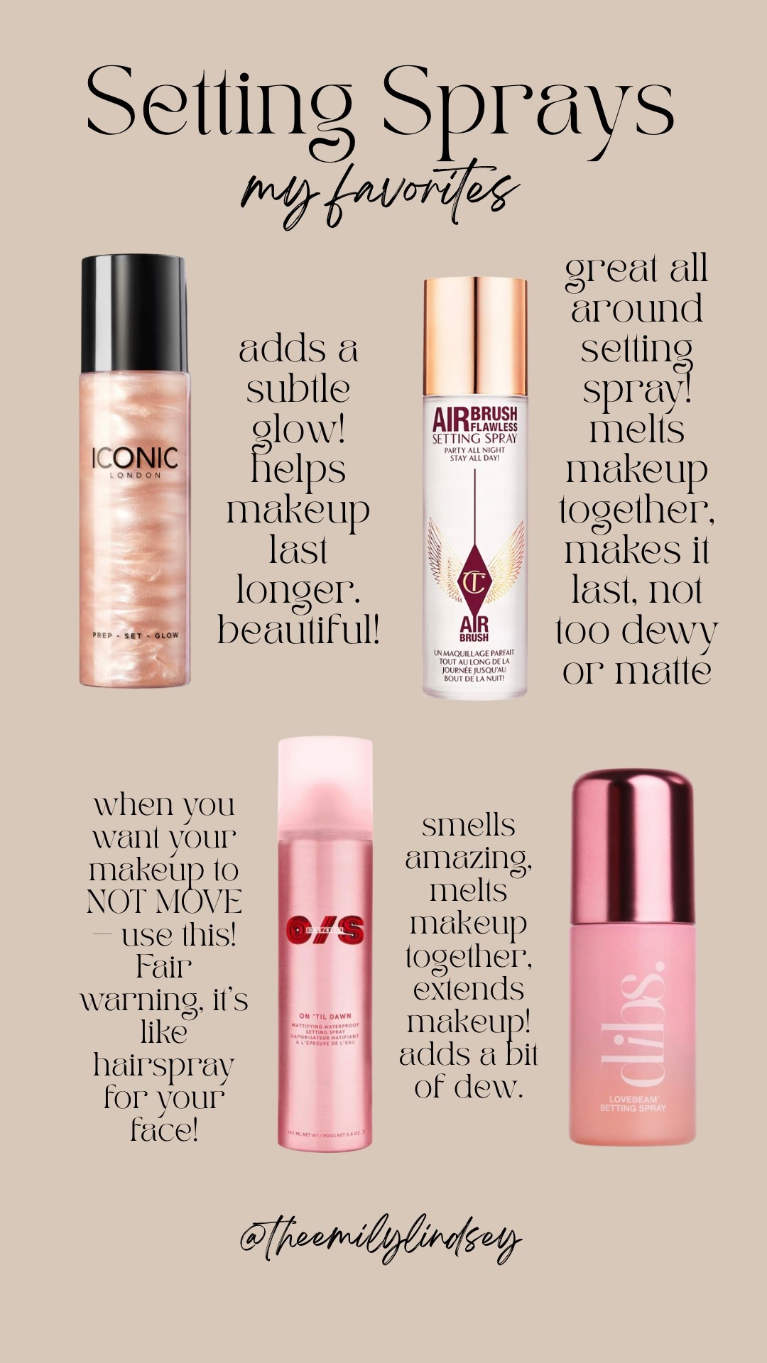 My favorite setting sprays! I love all of them but each one is different and I use in different ways.  Depending on your skin type and the environment you’re in will affect which one is right for you. ❤️

My Dibs code is EMILYLY xx 

Charlotte Tilbury airbrush flawless setting spray, Iconic London prep set glow in original, OneSize on til dawn mattifying waterproof setting spray, Dibs Beauty LoveBeam setting spray. 



#LTKBeauty
