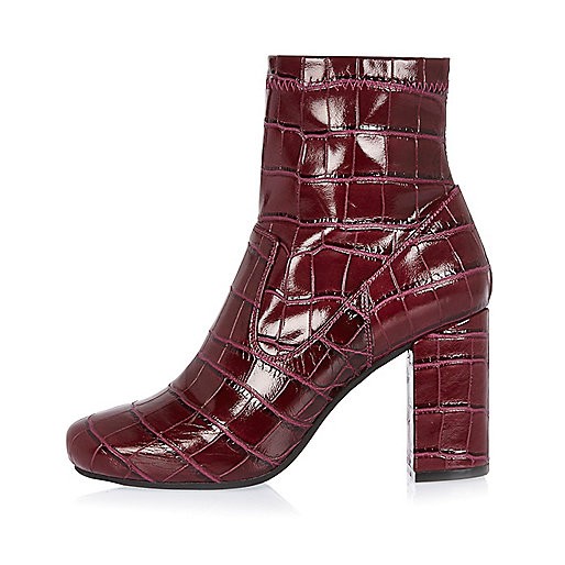 Dark red snake print heeled ankle boots | River Island (UK & IE)