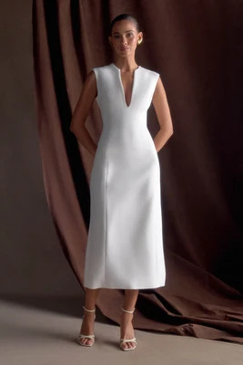Audrine Suiting Sleeveless Midi Dress - Ivory | MESHKI US