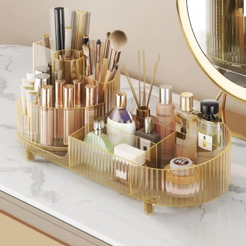 Rotating makeup organizer,Large Capacity Cosmetic Display Case, easy to hold all of your makeup products, at least 20 makeup brushes/eyeliner,10 lipsticks,8 skincare products(Crystal Amber) | Amazon (US)