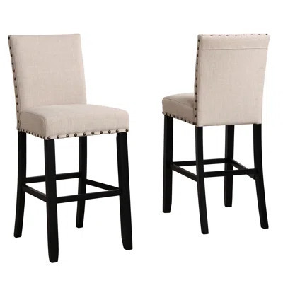 2 Fabric Bar Stools With Nailhead Trim - Hardwood, Linen Cotton Upholstery, Dark , 16"X23"X44"H, 2Pcs Stools, Hardwood Structure, | Wayfair North America