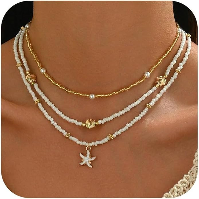 Shell Starfish Necklace for Women, 14k Gold Plated Boho Layered Beaded Charm Pendant Necklace, Da... | Amazon (US)