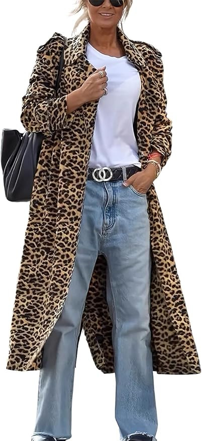 ebossy Women's Notch Lapel Leopard Print Duster Trench Coat Open Front Loose Faux Suede Mid Long ... | Amazon (US)