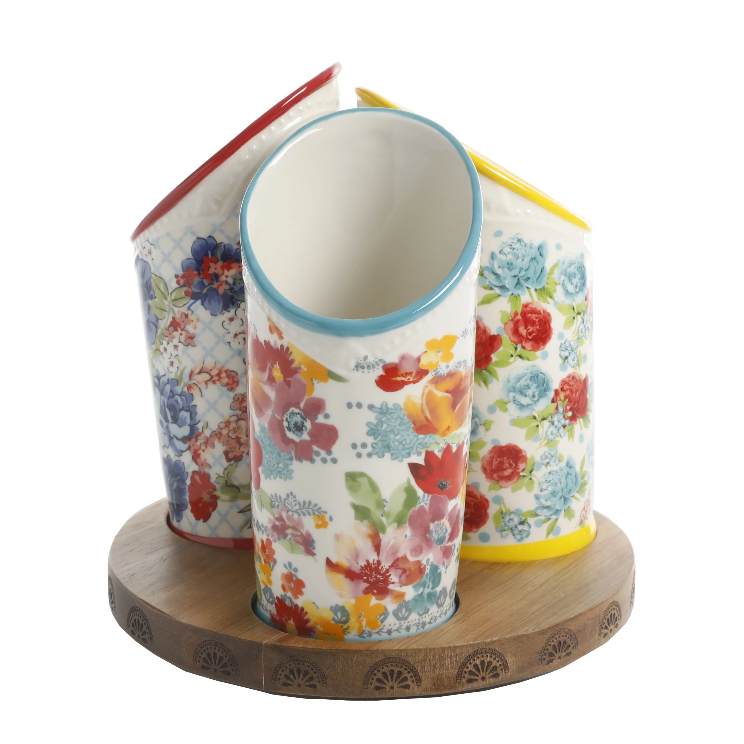 The Pioneer Woman Floral Medley 3-Compartment Ceramic Utensil Holder | Walmart (US)