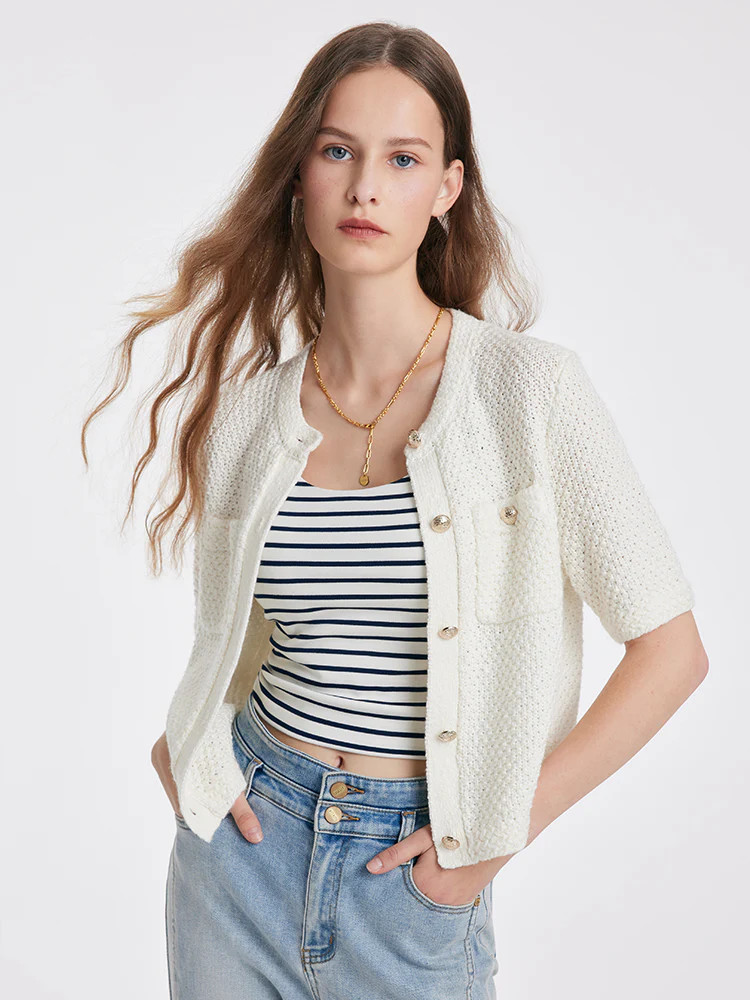 Openwork Round Neck Knitted Women Cardigan | GOELIA