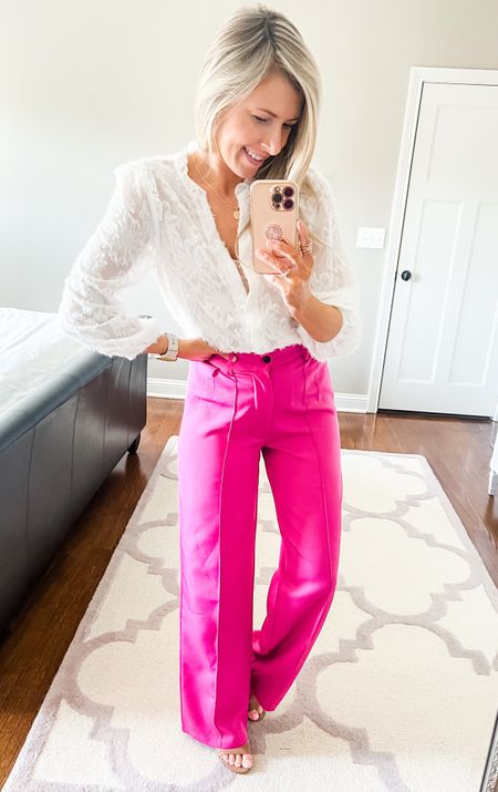 Color of the year. Viva magenta. 💕 loving these Barbie pink pants from Shein. Wearing a size small.

Sheer ruffle blouse  is from Shein too.

Easter outfit, pink pants, hot pink, wide leg pants, ruffle top, sheet top, white top, spring outfit, spring style 


#LTKunder50 #LTKworkwear #LTKstyletip