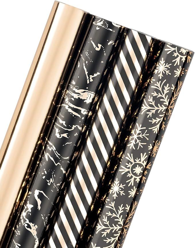 WRAPAHOLIC Christmas Wrapping Paper Roll - Black/Rose Gold Snowflake and Marble Design with Metal... | Amazon (US)