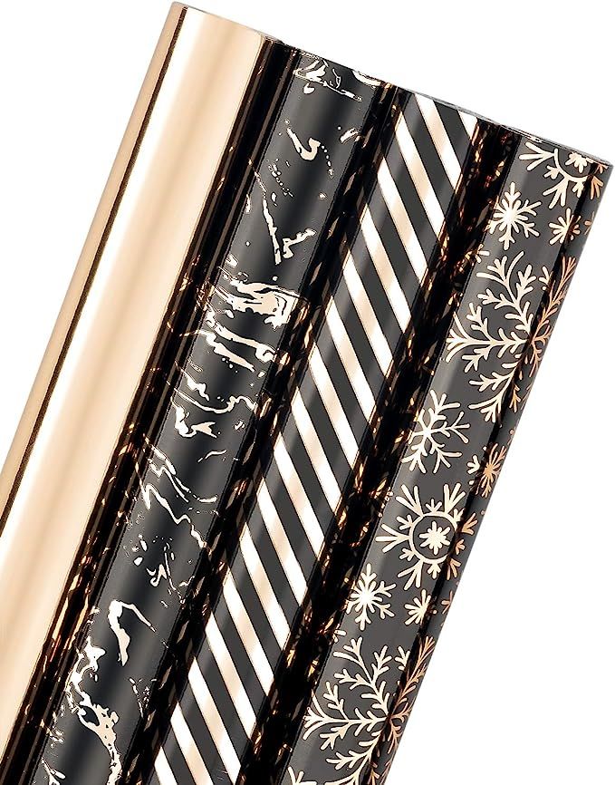 WRAPAHOLIC Christmas Wrapping Paper Roll - Black/Rose Gold Snowflake and Marble Design with Metal... | Amazon (US)