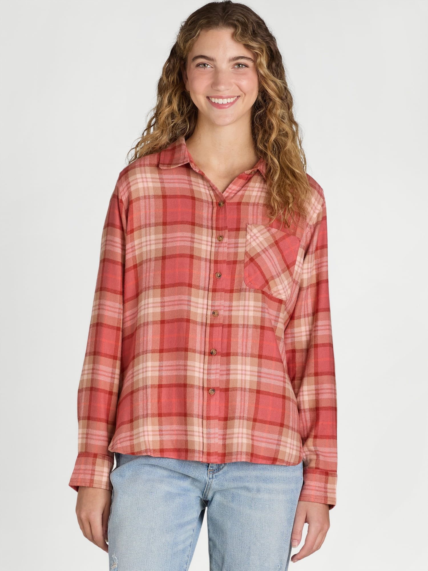 Time and Tru Women's Flannel Shirt with Long Sleeves, Sizes S-XXXL - Walmart.com | Walmart (US)