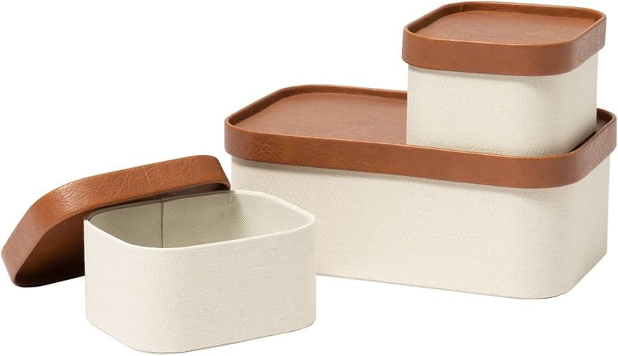 Beige Decorative Storage Boxes With Lids, Storage Baskets with Leather-Like Lids, Sturdy Stackabl... | Amazon (US)