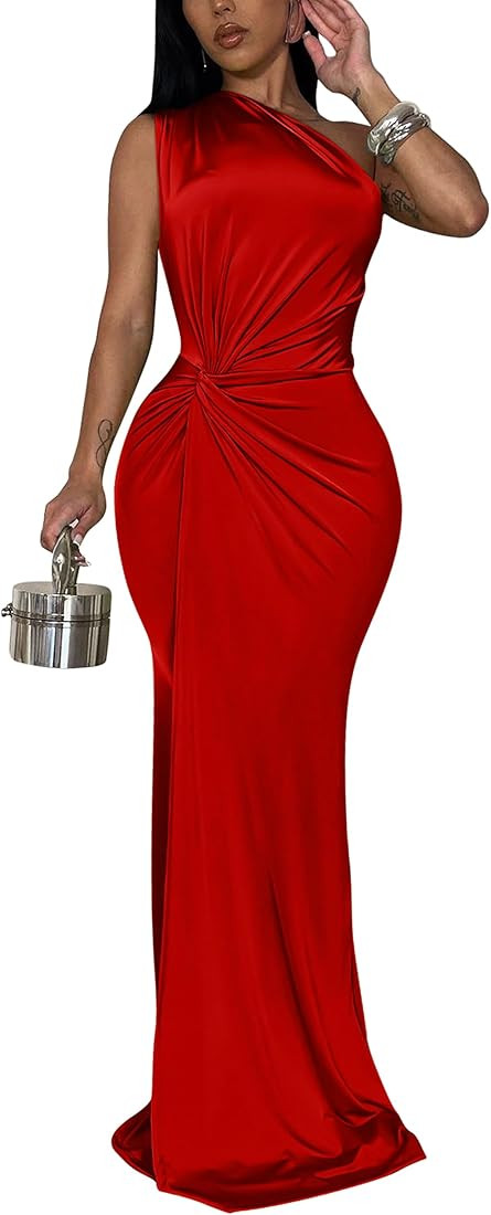 YMDUCH Women's Elegant One Shoulder Sleeveless Twist Waist Bodycon Party Long Dress | Amazon (US)