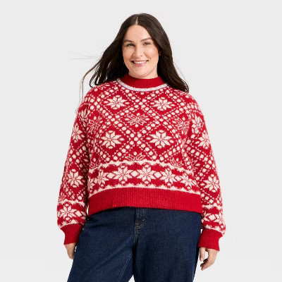 Women's Cozy Alpine Snowflake Crewneck Pullover Sweater - Universal Thread™ Red 4X | Target