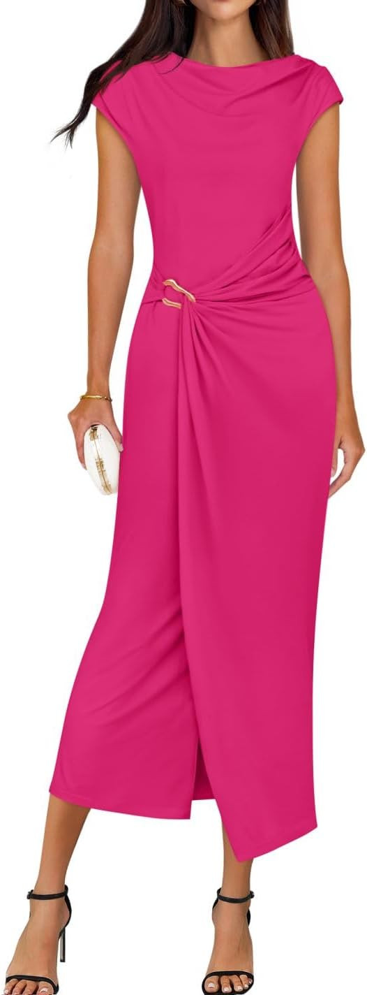 ZESICA Women's 2025 Summer Mock Neck Casual Bodycon Dress Cap Sleeve Elegant Cocktail Party Long ... | Amazon (US)