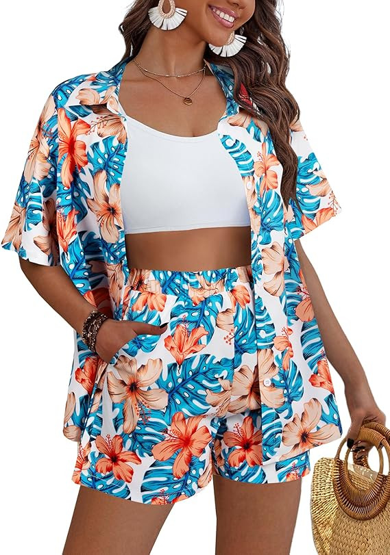 VILOVE Hawaiian Outfits for Women 2 Piece Beach Sets Tropical Floral Print Matching Hawaiian Set ... | Amazon (US)