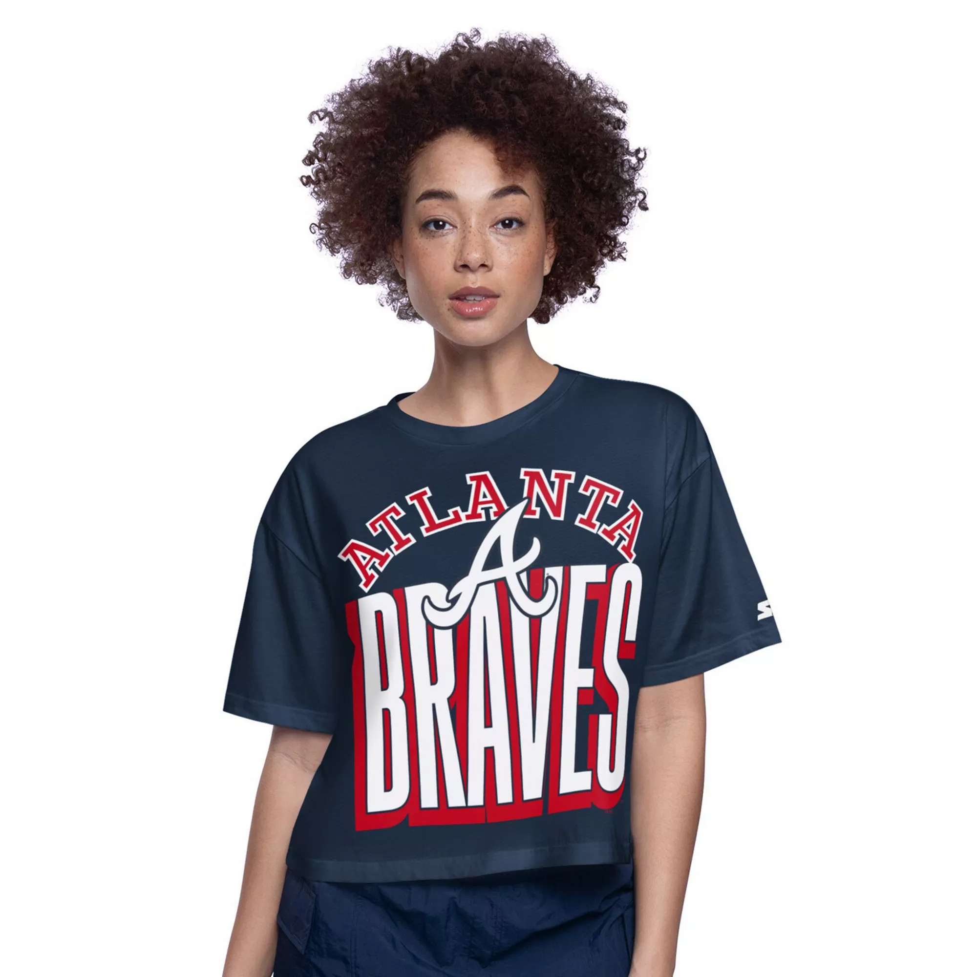 Women's Starter Navy Atlanta Braves Play the Ball Boxy Cropped T-Shirt | Kohl's