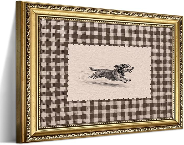 Vintage Gold Framed Wall Art, Rustic Dachshund Canvas Wall Decor, Funny Running Dog Gingham Print... | Amazon (US)