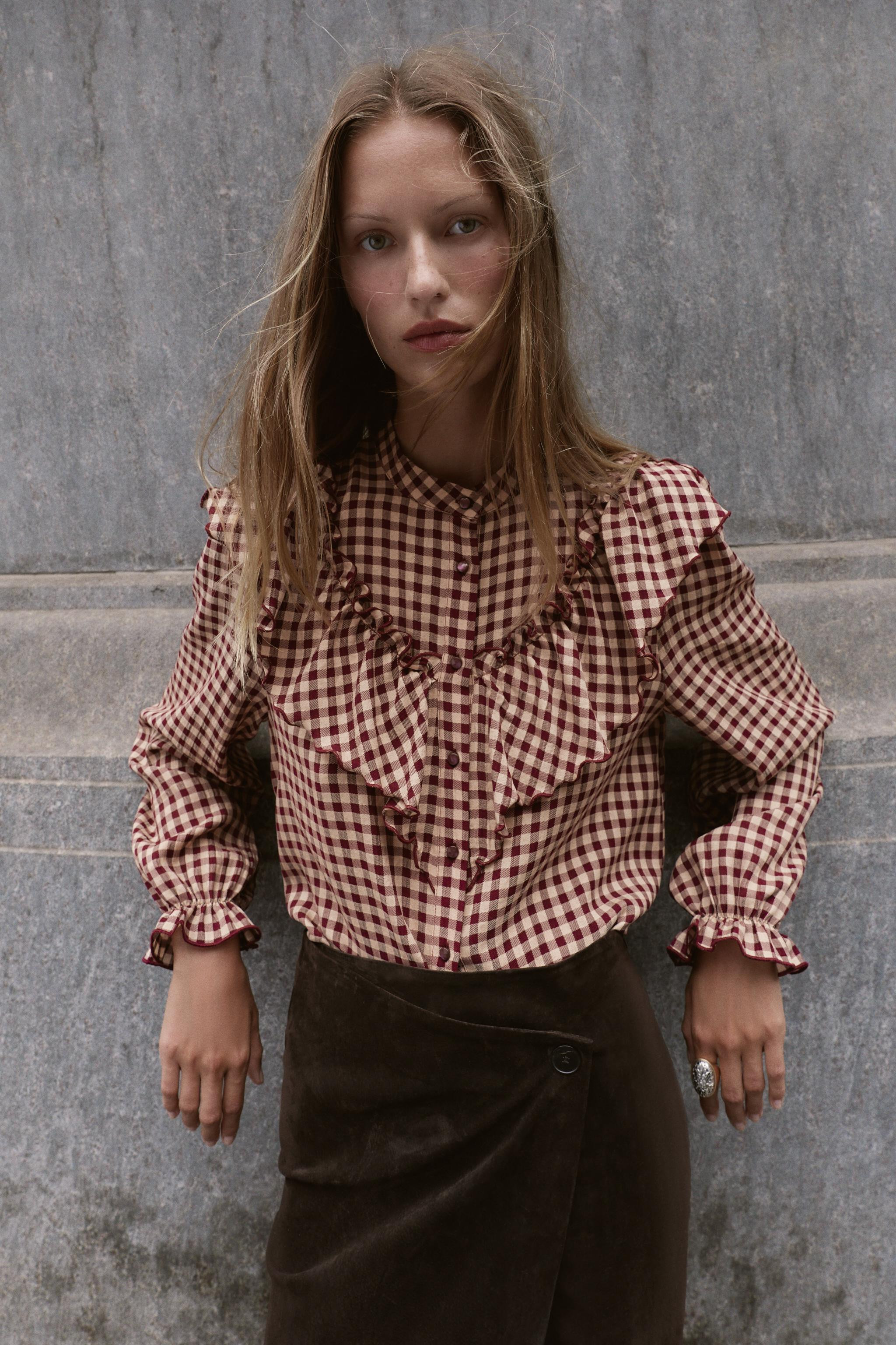 GINGHAM RUFFLE BLOUSE | Zara US