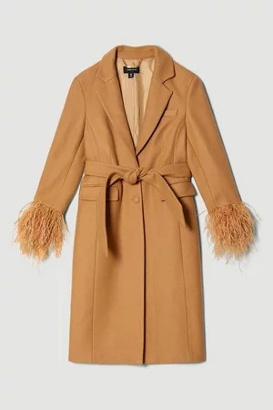Italian Virgin Wool Feather Cuff Tailored Coat | Karen Millen UK + IE + DE + NL