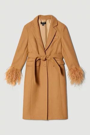 Italian Virgin Wool Feather Cuff Tailored Coat | Karen Millen UK + IE + DE + NL