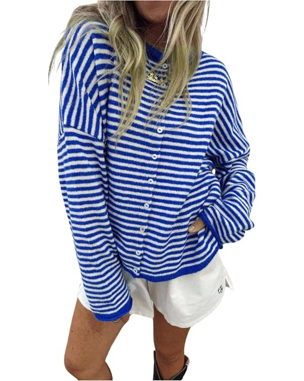 Milumia Women's Striped Button Down Long Sleeve Loose Cardigan Sweater | Amazon (US)